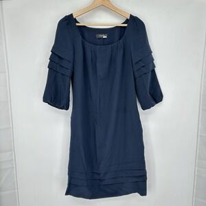 Thakoon Women's 100% Silk Shift Dress Sz 2 Navy Blue Tiered Sleeves Office USA
